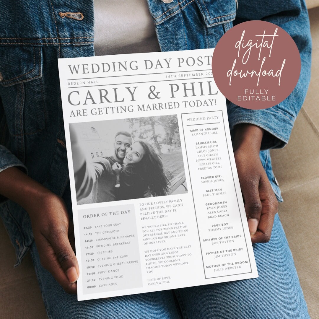 Wedding Newspaper Program Template: DIY Itinerary (digital