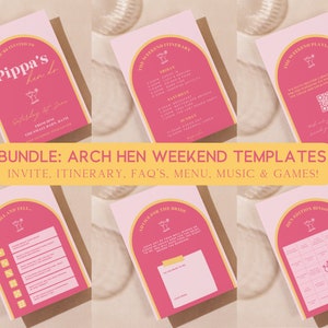 Bundle: Hen Weekend Bright Arch Design - Invite, Reiseplan, Menü, FAQ's & Game Templates | Digital Hen Party Einladung | Designed in Großbritannien