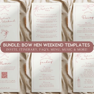Paket: Hen Weekend Bow Design - Invite, Reisepläne, Menü, FAQ's & Extras Templates | Digital Hen Party Einladung | Designed in Großbritannien
