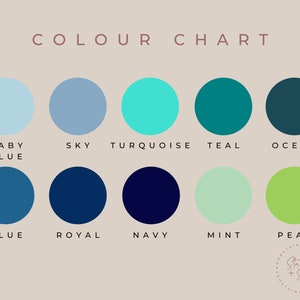 K&ouml;nnte beinhalten: Eine Farbkarte mit 10 verschiedenen Blaut&ouml;nen und Gr&uuml;nt&ouml;nen. Die Farben sind mit Namen wie "Baby Blue", "Sky", "Turquoise", "Teal", "Ocean", "Blue", "Royal", "Navy", "Mint" und "Pear" beschriftet.