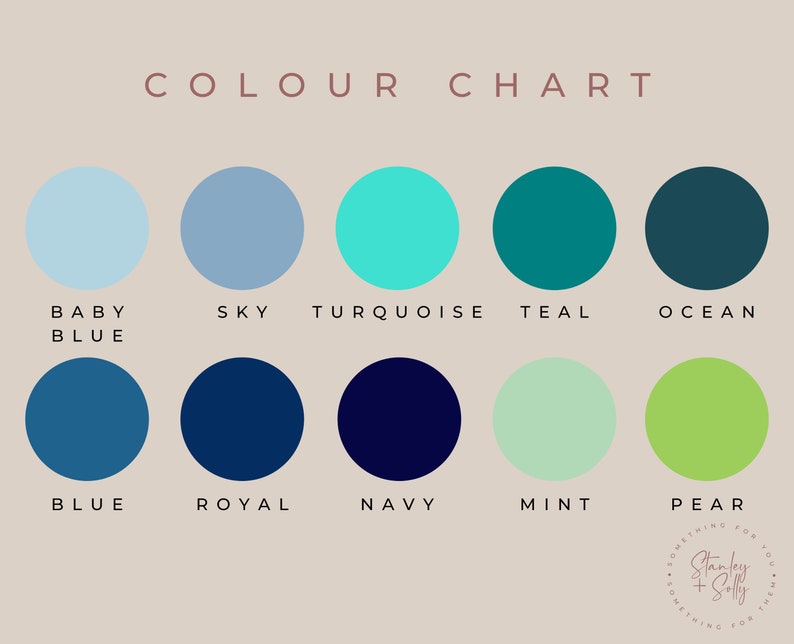 K&ouml;nnte beinhalten: Eine Farbkarte mit 10 verschiedenen Blaut&ouml;nen und Gr&uuml;nt&ouml;nen. Die Farben sind mit Namen wie "Baby Blue", "Sky", "Turquoise", "Teal", "Ocean", "Blue", "Royal", "Navy", "Mint" und "Pear" beschriftet.