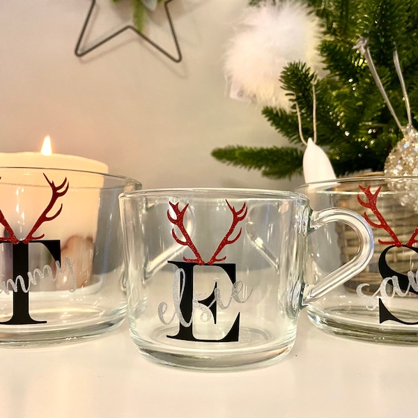 Personalised Christmas Family Mug: Antler Initial Glass Mug