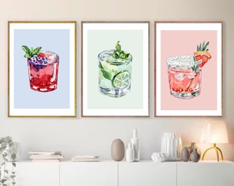 Cocktail Retro Print Set of 3, Bar Cart Wall Art Digital Download, Minimalistic Cute & Trendy, Colorful Drinks Bar Wall Art Bundle