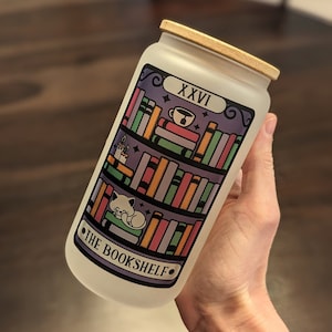 The Bookshelf Reader Tarot Card Glass Can | Iced Coffee Cup | Reader Tarot Card | Book Club Glass | Bookish Glass