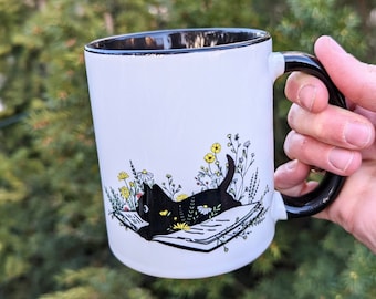 More Cat Colors Added | Black Cat Mug | Bookish Ceramic Mug | Book Reader Gift | Halloween Coffee Mug | Cat Mug