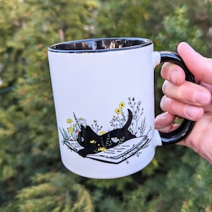 More Cat Colors Added | Black Cat Mug | Bookish Ceramic Mug | Book Reader Gift | Halloween Coffee Mug | Cat Mug