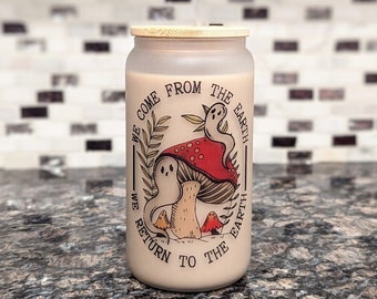 Frosted Glass or Stainless Mushroom Cup | Iced Coffee Cup | Ghost and Mushrooms | Cottagecore Cup | Witchy Gifts