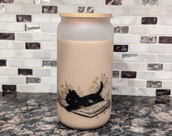 Book Glass Cup | Iced Coffee Cup | Black Cat Mug | Cat Book Reader Gift | Witchy Gifts