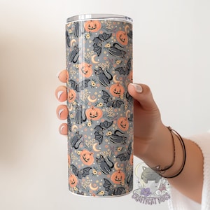 Black Cat, Pumpkins, Bats Floral Tumbler | Cute Spooky Tumbler