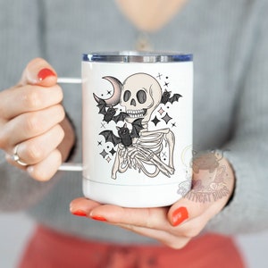 Skeleton with Bats Spooky Coffee Mug | Halloween Mug Travel Mug with Lid