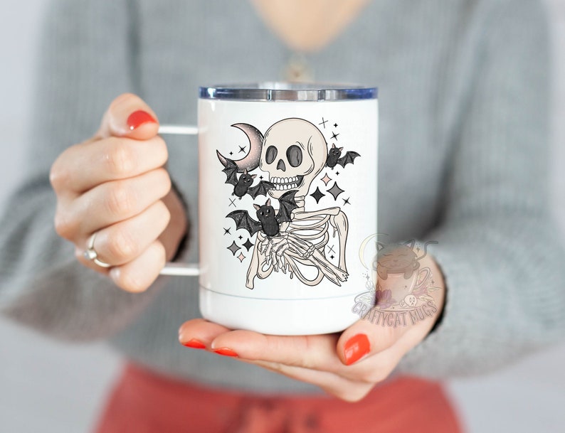 Skeleton with Bats Spooky Coffee Mug | Halloween Mug Travel Mug with Lid