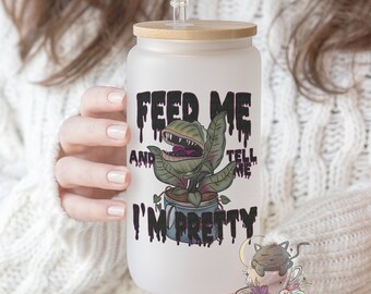 Feed Me Frosted Glass Can | Iced Coffee Cup | Plant Coffee Glass | Spooky Plant Mug