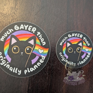 May include: Two round stickers with a black cat holding a rainbow flag. The text on the stickers reads "Much Gayer Than Originally Planned".