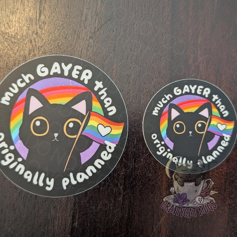 May include: Two round stickers with a black cat holding a rainbow flag. The text on the stickers reads "Much Gayer Than Originally Planned".
