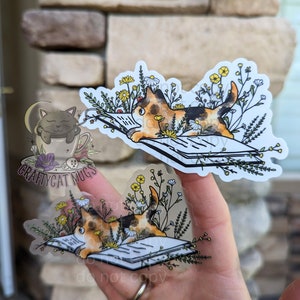 Op de afbeelding: Twee transparante stickers met een driekleurige kat die een boek leest, omringd door bloemen. De kat ligt op het boek in de ene sticker en zit op het boek in de andere sticker. De stickers bevinden zich op een hand.