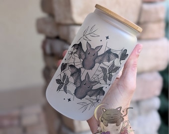 Single Sided Frosted Glass Cup Bat Design | Spooky Glass | Floral Bat with Hearts and Web