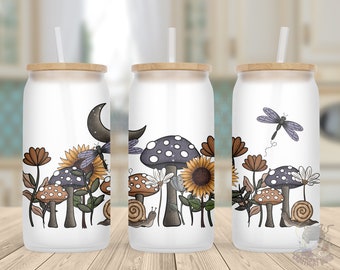 Cute Mushroom and Snails Glass Cup | Iced Coffee Cup | Dragonfly Cup