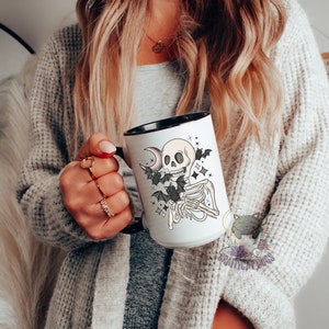 Skeleton with Bats Spooky Coffee Mug | Halloween Mug 15oz - Black Inside