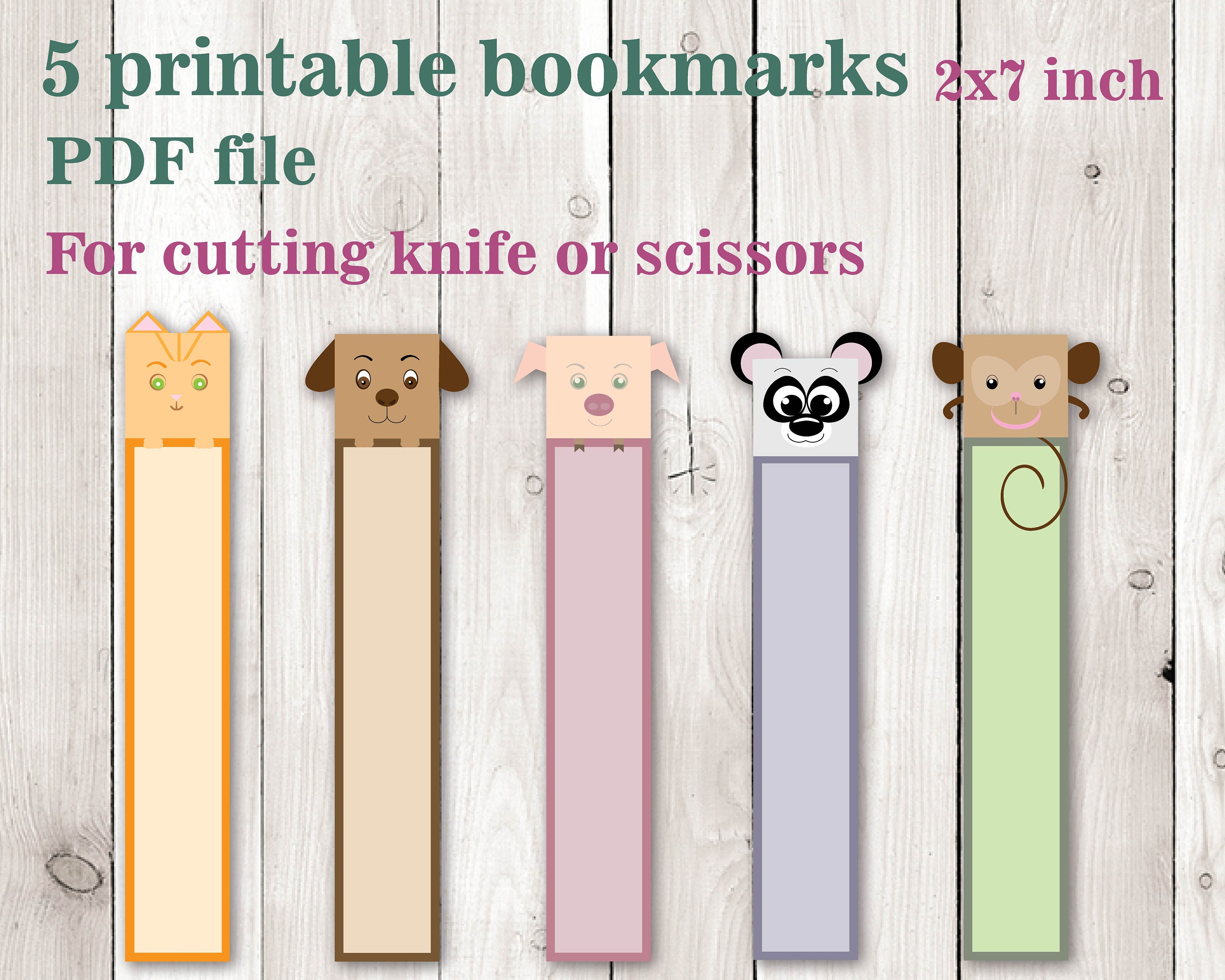 5 Printable bookmark with cute animal for kids. Bookmarks Etsy