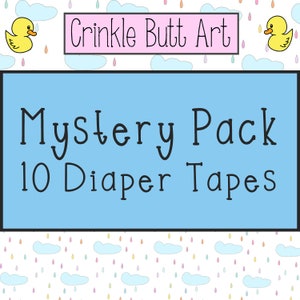 May include: A blue and white illustration of a cloud with raindrops and the text "Crinkle Butt Art" in a pink banner. Below the banner is a blue rectangle with the text "Mystery Pack 10 Diaper Tapes".