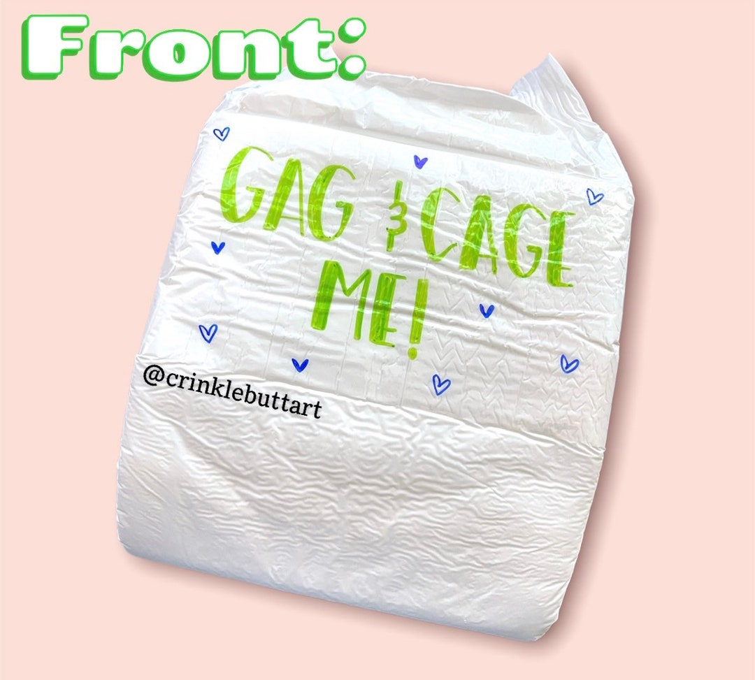 ABDL Adult Baby Diaper, gag & Cage Meim A Dumb Little Baby , Front and
