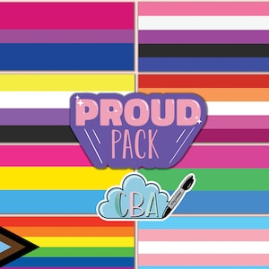 May include: A set of pride flags, including the transgender, lesbian, gay, bisexual, pansexual, non-binary, and asexual flags. The flags are arranged in a grid pattern with a purple and pink sticker that says "PROUD PACK" and a blue cloud sticker that says "CBA".