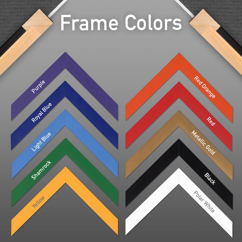 May include: A chart showing 10 different frame colors: purple, royal blue, light blue, shamrock, yellow, red orange, red, metallic gold, black, and polar white.