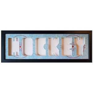 Hockey photo collage &quot;Letter Frame&quot; Handcrafted 9 X 25.5 X .75 - Your Choice of Print, White or Black Mat.