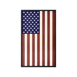 Rustic Red and White Vertical Pine Frame Moulding American Flag with Metal Plate and Black Floater Frame approx 18&quot; x 29&quot;