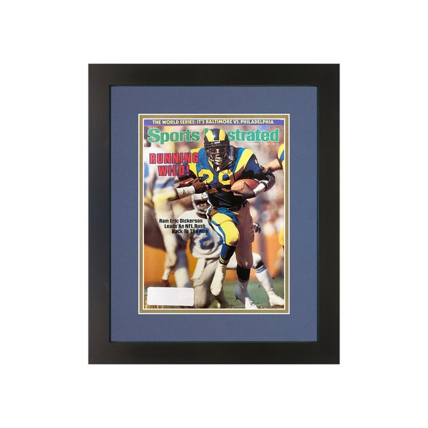 Eric Dickerson, Original Sports Illustrated Magazine October 17, 1983 Issue. Framed in Los Angeles Rams Team Colors