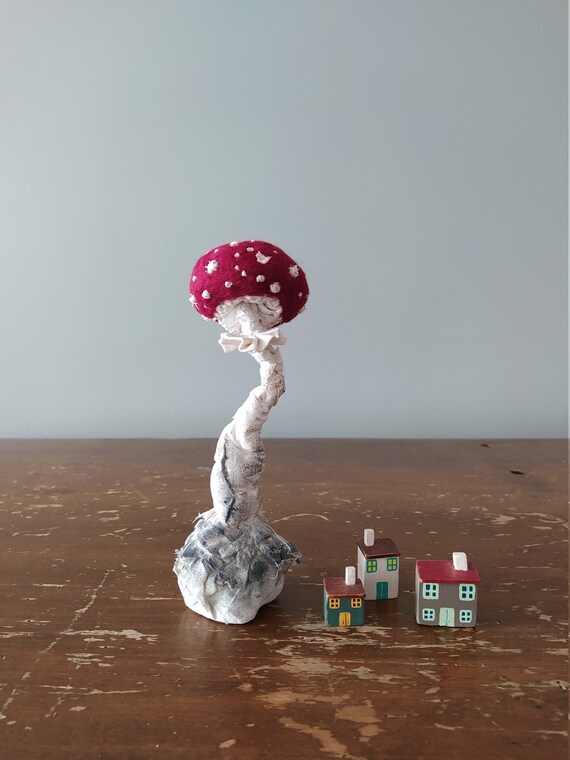 Felted Mushroom Ornament, Primed textile art, toadstool, Soft sculpture for home decor, unique design, eco friedly, fly agaric, forest lover