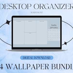 Puede incluir: Un organizador de escritorio digital con fondo azul y un calendario para enero. El organizador tiene secciones para "en progreso", "personal", "trabajo" y "próximos".
