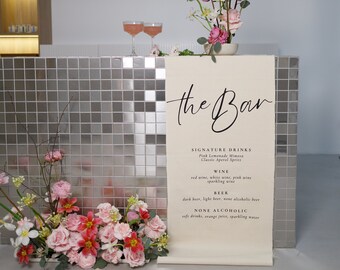 Menu de bar de mariage, enseigne de bar en lin, bannière de mariage en coton, boissons exclusives, nouvelle décoration de mariage, menu de bar en tissu personnalisé