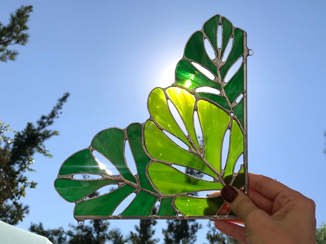 Green Tropical Leaf Stained Glass Corner Panel Etsy