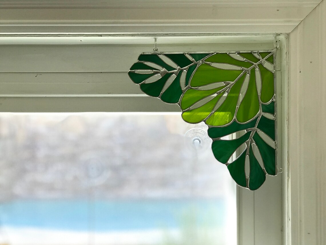 Green Tropical Leaf Stained Glass Corner Panel Etsy