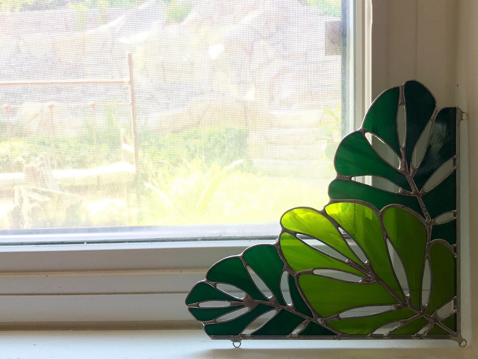 Green Tropical Leaf Stained Glass Corner Panel Etsy