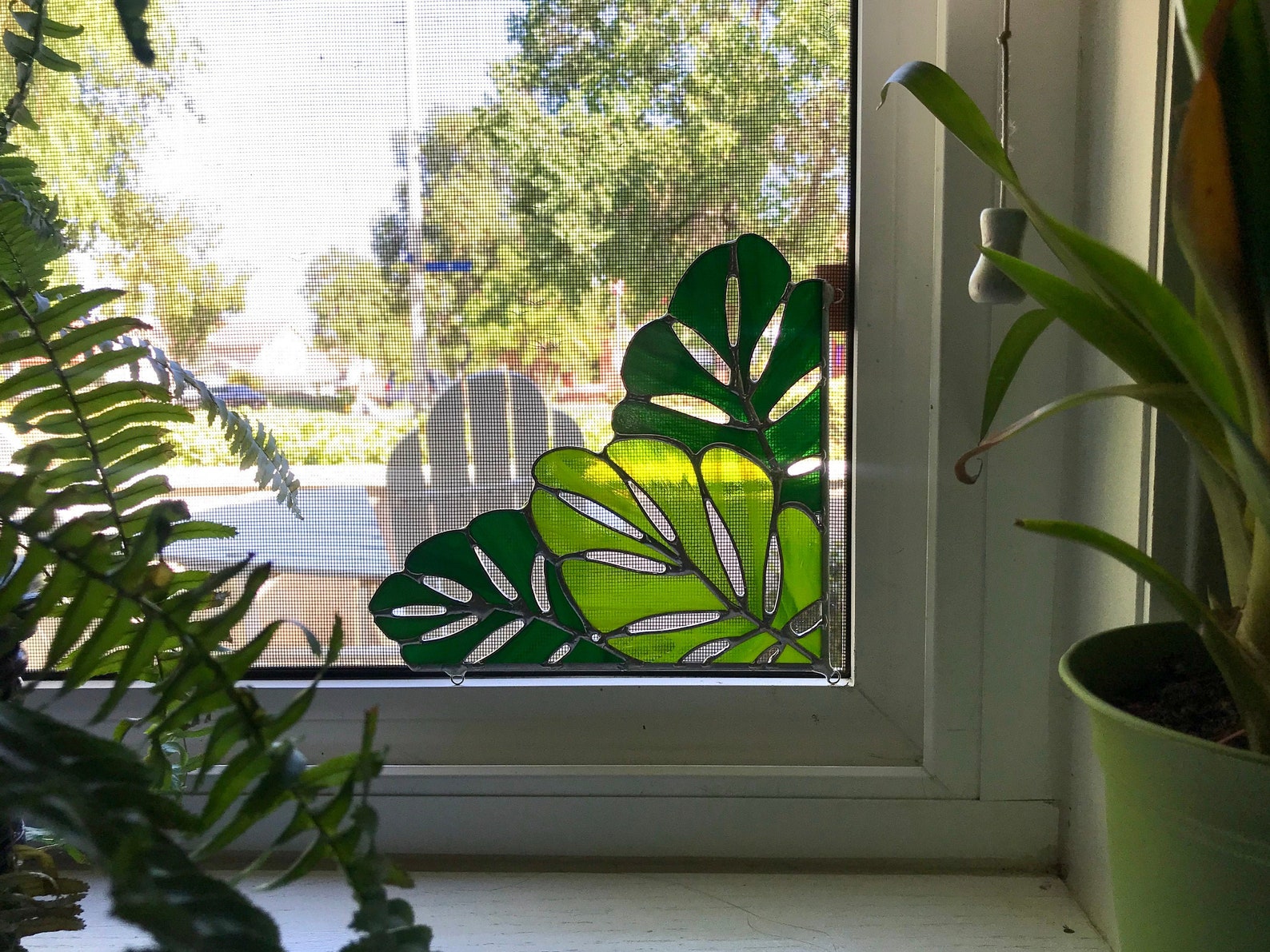 Green Tropical Leaf Stained Glass Corner Panel Etsy