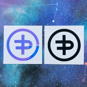 May include: Two square stickers with a white background and a black circle containing a stylized letter "P" with a horizontal line through it. The sticker on the left has a purple and blue iridescent circle around the black circle. The sticker on the right has a black circle around the black circle.