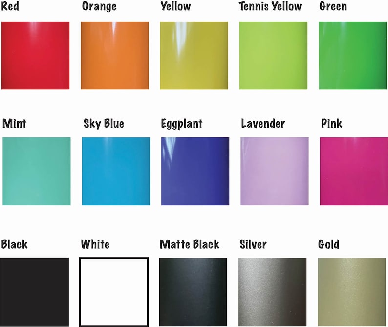 May include: A color chart showing 15 different colors, including red, orange, yellow, green, mint, sky blue, eggplant, lavender, pink, black, white, matte black, silver, and gold.