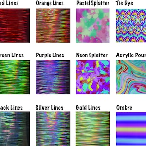 May include: A collage of 12 different patterns, including red, orange, green, purple, black, silver, and gold lines, pastel splatter, tie dye, neon splatter, acrylic pour, and ombre.