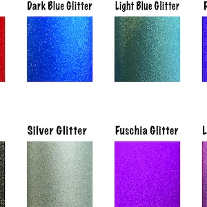 May include: A collection of eight glitter colors: red, dark blue, light blue, purple, black, silver, fuchsia, and light pink. Each color is shown in a square sample.