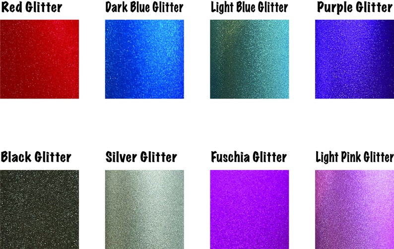 May include: A collection of eight glitter colors: red, dark blue, light blue, purple, black, silver, fuchsia, and light pink. Each color is shown in a square sample.