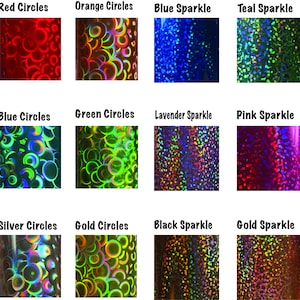 May include: Twelve different colors of glitter and circle-shaped holographic vinyl. The colors include red, orange, blue, teal, green, lavender, pink, silver, gold, and black.