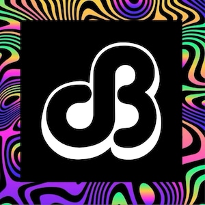 May include: A black square with a white stylized "dB" logo, set against a vibrant, psychedelic border of swirling colors including pink, yellow, green, and purple. The logo is bold and modern.