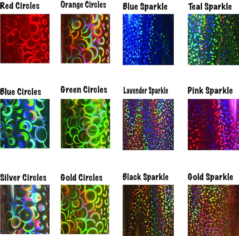 K&ouml;nnte beinhalten: Zw&ouml;lf verschiedene Farben von Glitter und kreisf&ouml;rmigem holografischem Vinyl. Die Farben umfassen Rot, Orange, Blau, T&uuml;rkis, Gr&uuml;n, Lavendel, Pink, Silber, Gold und Schwarz.