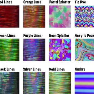 K&ouml;nnte beinhalten: Eine Collage aus 12 verschiedenen Mustern, darunter rote, orange, gr&uuml;ne, violette, schwarze, silberne und goldene Linien, Pastell-Spritzer, Batik, Neon-Spritzer, Acryl-Gie&szlig;technik und Ombre.