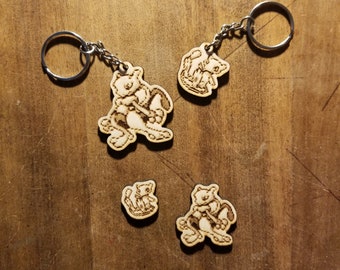 Mew and Mewtwo Wooden Pin or Keychain