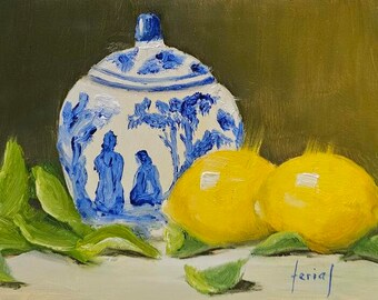 Lemons and Chinese Pot with leaves, Chinese pot and lemons,Citrus art, Lemons, Chinese vase with lid. original 5 x 7" unframed oil painting