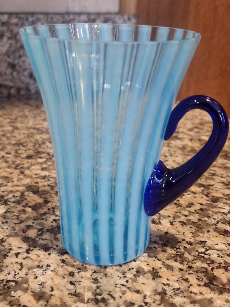 Fenton Blue Rib Optic Lemonade Pitcher With Lid and 4 Glasses 