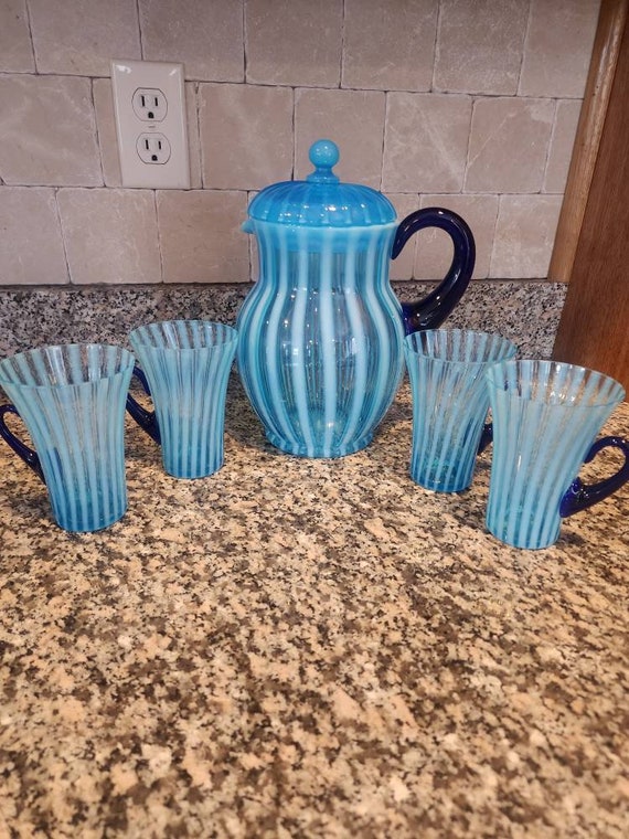 Fenton Blue Rib Optic Lemonade Pitcher With Lid and 4 Glasses 